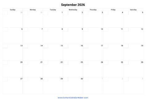 September 2026 Calendar With Checkboxes | Custom Calendar Maker