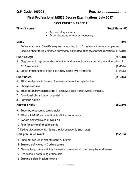 Biochemistry - Practice Notes of biochemsitry. - Q. Code: 105001 Reg ...
