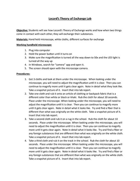 SOLUTION: Locard s theory of exchange lab - Studypool