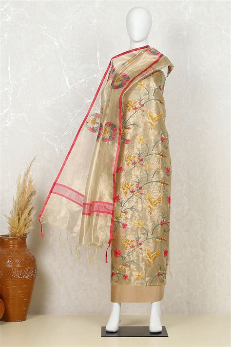 Gold Tissue Machine Embroidered Unstitched Suit Set at Biba India ...