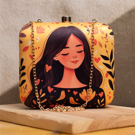 Yellow Girl And Birds Printed Clutch - Artklim