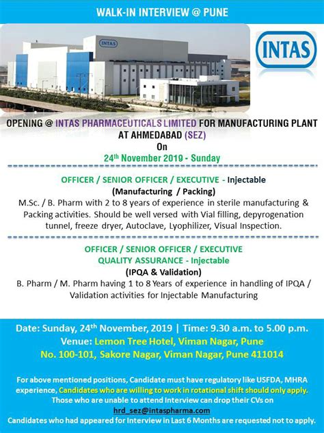 Walk in for Intas Pharmaceuticals on 24th Nov 2019