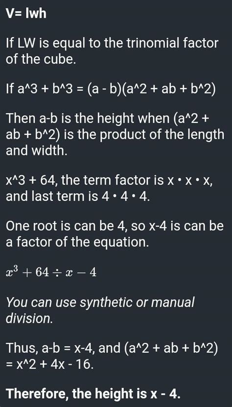 The volume of the prism is x³ + 64. If the height is the binomial ...