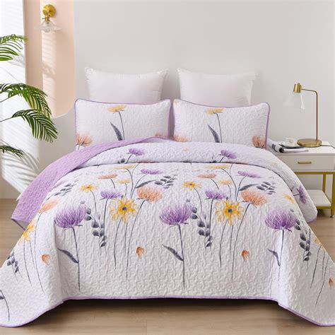 Floral Quilt Set Queen Size,Purple Bedspread Coverlet Botanical 3 ...