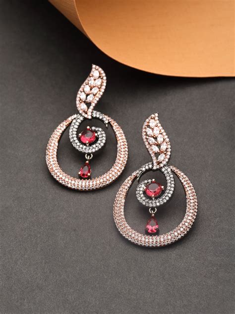 Rose Gold-Plated Gunmetal Toned Red American Diamond studded Oval Shap