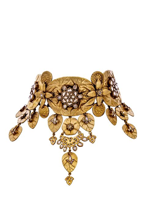 Buy Gold Plated Crystals Ripal Leaf Motif Choker by Anita Dongre Online ...
