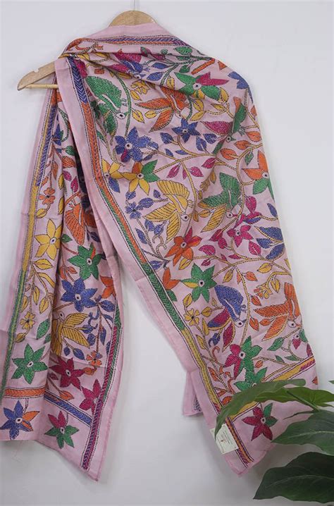 Pink Hand Embroidered Kantha Pure Bangalore Silk Stole - Luxurionworld