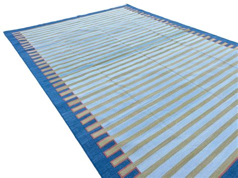 Modern Handmade Cotton Blue And Green Zig Zag Striped Rug-6520 – Mohini ...