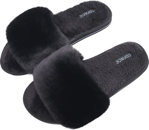 COFACE Womens Slides Fuzzy Slippers Open Toe Fluff Slippers With Arch ...