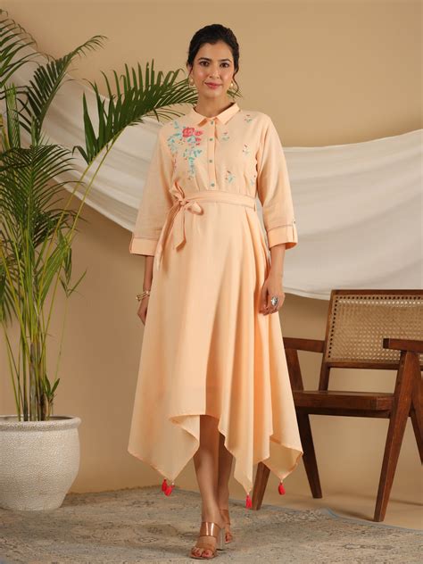 Peach Asymmetrical Maxi Dress with Floral Embroidery & Belt | Juniper