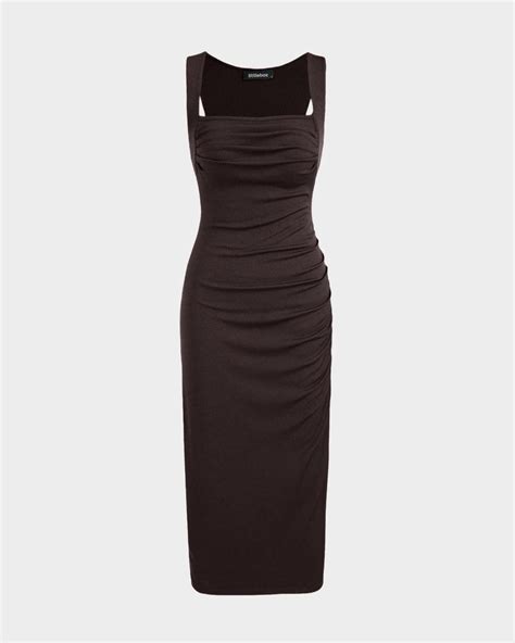 Square Neck Ruched Sleeveless Midi Dress In Dark Brown – Littlebox India