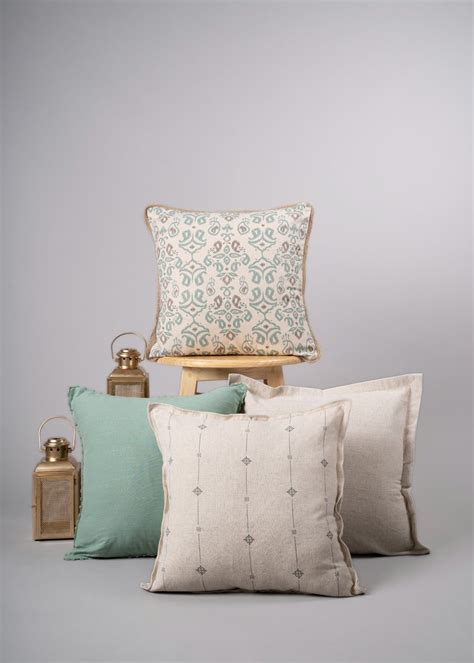 Tulsi, Spice Route, Sage Green, Solid Linen Set Of 4 Combo Cotton Cush