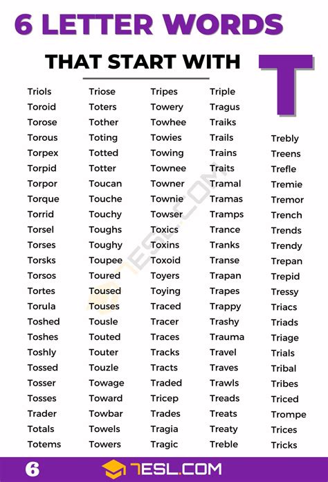 6 Letter Words Starting with T (980 Words in English) • 7ESL
