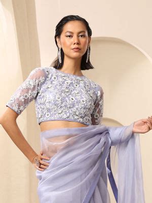 Buy WeaverStory Lavender Boat Neck Net Embroidery Blouse Online