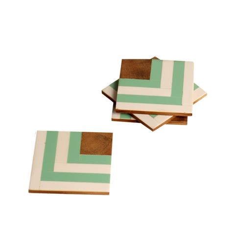 Shop Wooden Square Green & White Resin Coaster For Home & Office - Set ...