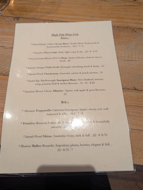Menu at High Tide restaurant, North Shields