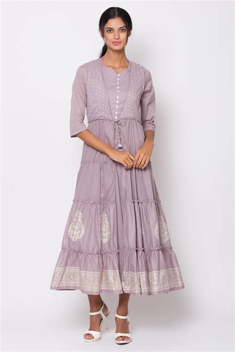 Grey Cotton A-Line Printed Dress at Biba India