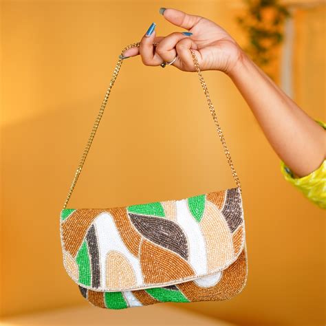 Earth Rhythm Abstract Beaded Clutch with Gold Chain Strap | Green ...