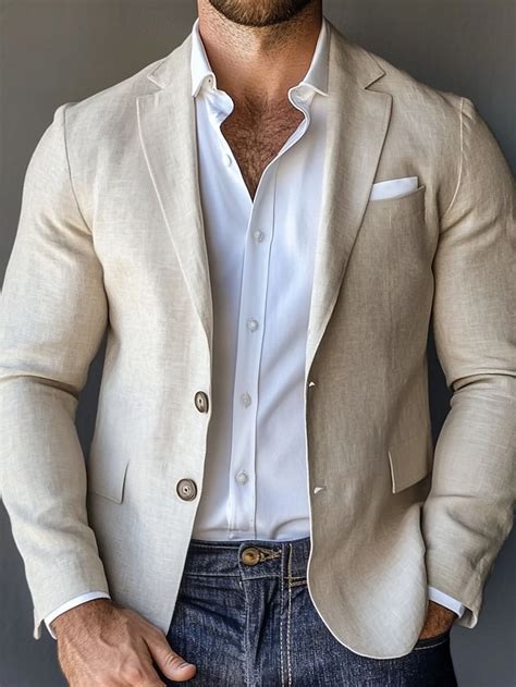 Blazer décontracté en coton et lin pour homme beige blazer uni coupe ...