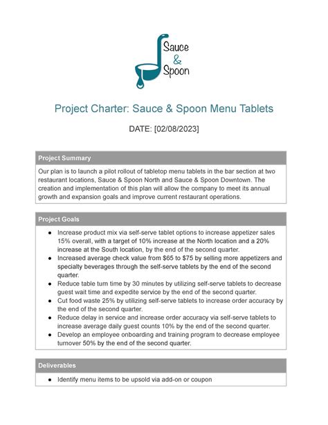 Sauce and Spoon Activity Template Project Charter - Project Charter ...