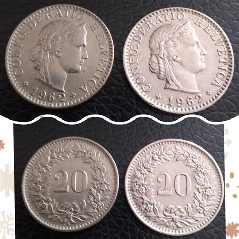 100% Authentic 1962 x 2 coins Switzerland Confoederatio Helvetica 20 ...