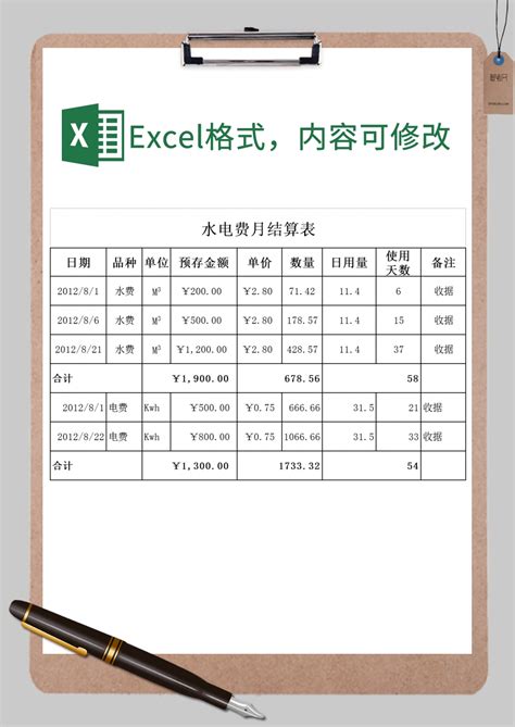 水电费月结算表Excel模板_水电费月结算表Excel模板下载_其他-脚步网