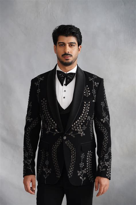 Black Tuxedo Suit with Mettalic Silver Leaf Vine Embroidery – Lagan