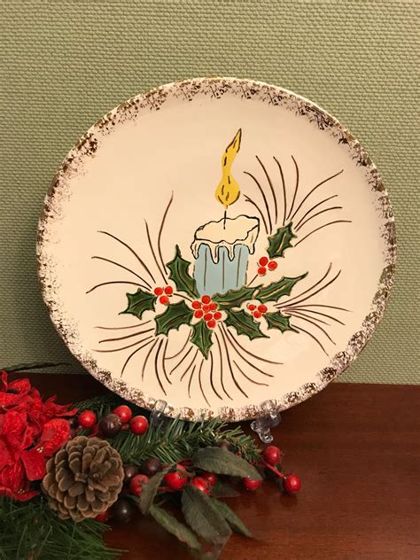 Vintage Christmas Plate, handpainted ceramic Plate, Candle and holly ...