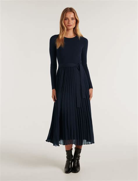 Penelope Crew Neck Woven-Mix Dress in Navy - Size 4 to 16 - Women's ...