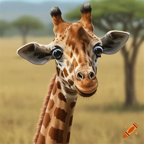 A photorealistic giraffe stands in a savanna looking forward with huge ...
