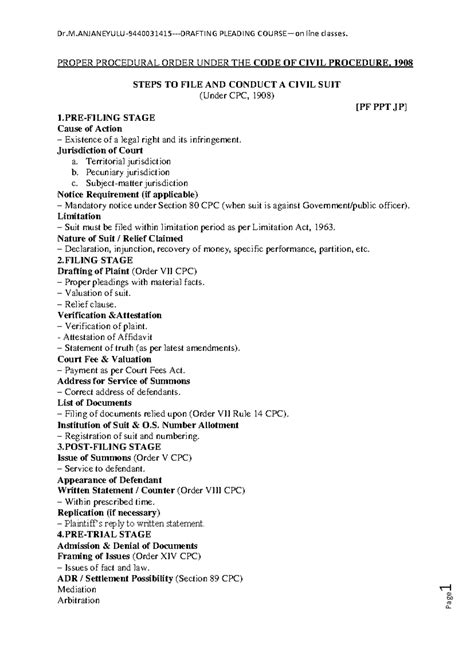 CIVIL PROCEDURE CODE 1908: Steps to File a Civil Suit SPT - Studocu