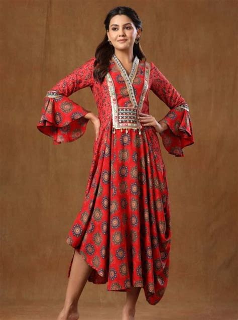 Muslin Silk Cowl Neck Dress With Bell Sleeves And Yoke Embroidery ...