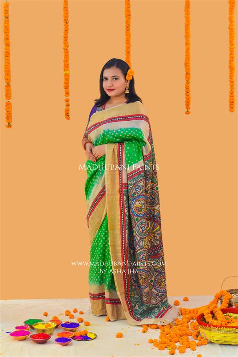 SURMAI MAYUR MANDALA Hand-painted Bandhini Madhubani Saree – MADHUBANI ...
