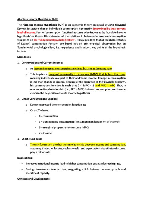 Income hypothesis - study - Absolute Income Hypothesis (AIH) The ...