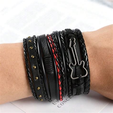 1 Set Multi-Layer Braided Leather Bracelet With Skull Charm For Men ...