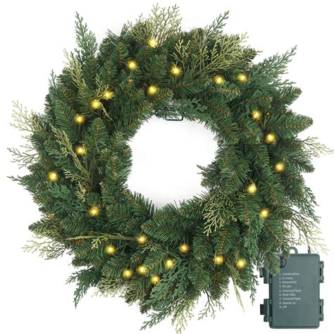 Christmas Wreath Pre-lit 24 inch with 50 Led & Cupressus Tips, Battery ...