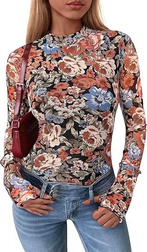 PRETTYGARDEN Womens Long Sleeve Going Out Tops Fall Mesh Floral Blouses ...