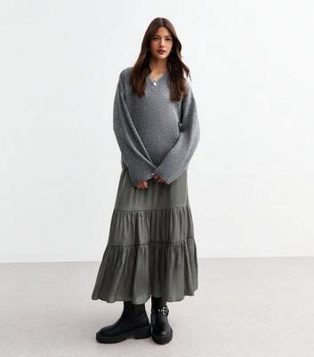 Grey Glossy Satin Tiered Midi Skirt | New Look