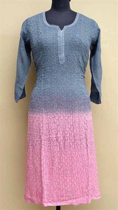 Lucknowi Chikankari Ombre Kurti Gray Pure Georgette With Resham Work ...