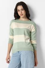 Buy Women Green Stripe Round Neck Sweater Online - 40006241 | Van Heusen