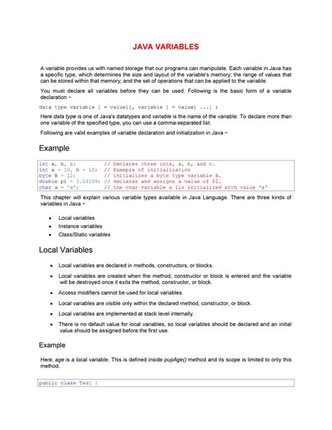 JAVA04- Variables - JAVA VARIABLES A variable provides us with named ...