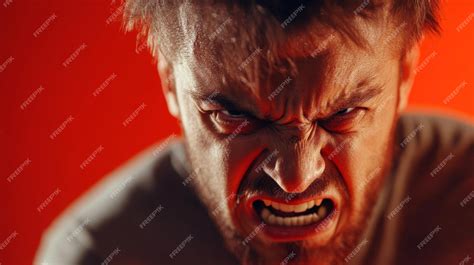 Man displays a fierce and intense expression of anger on red backdrop ...