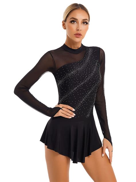 Women Figure Ice Skating Dress Long Sleeve Rhinestones Ballet Gym Dance ...