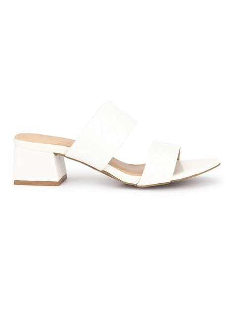 White Patent Textured Low Heel Mules | Truffle Collection India