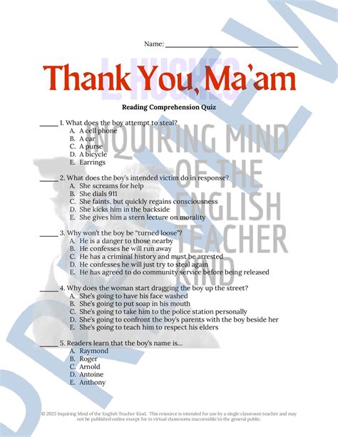 “Thank You, Ma’am” by Langston Hughes Quiz and Answer Key | Teaching ...