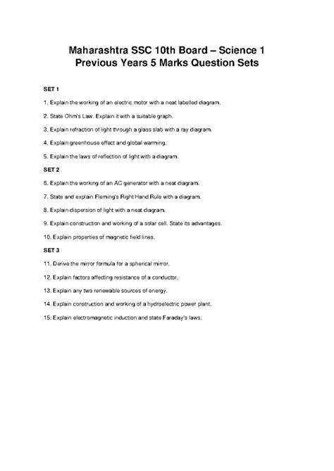 Maharashtra SSC 10th Science 1 5 Marks Question Sets - Version 2 - Studocu