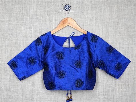 Boat Neck Floral Design Royal Blue Readymade Blouse – Sundari Silks