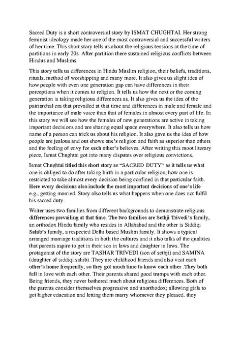 Analysis of "Sacred Duty" by Ismat Chughtai: Feminism & Religion - Studocu