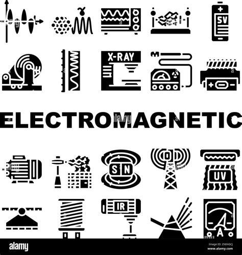 Electromagnetic Science Physics Icons Set Vector. Electromagnetic And Ultraviolet Waves, X-ray ...