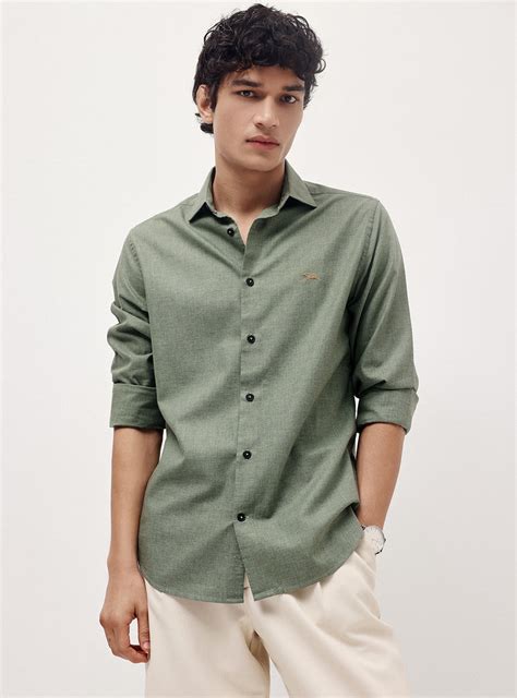 Buy Oslo Green Cotton Melange Shirt | Semi Casual Green Solid Shirt ...